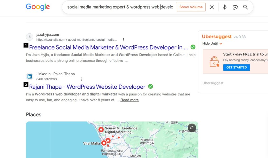 Google Search ranking achievement for Social Media Marketer and WordPress Web Developer in Calicut