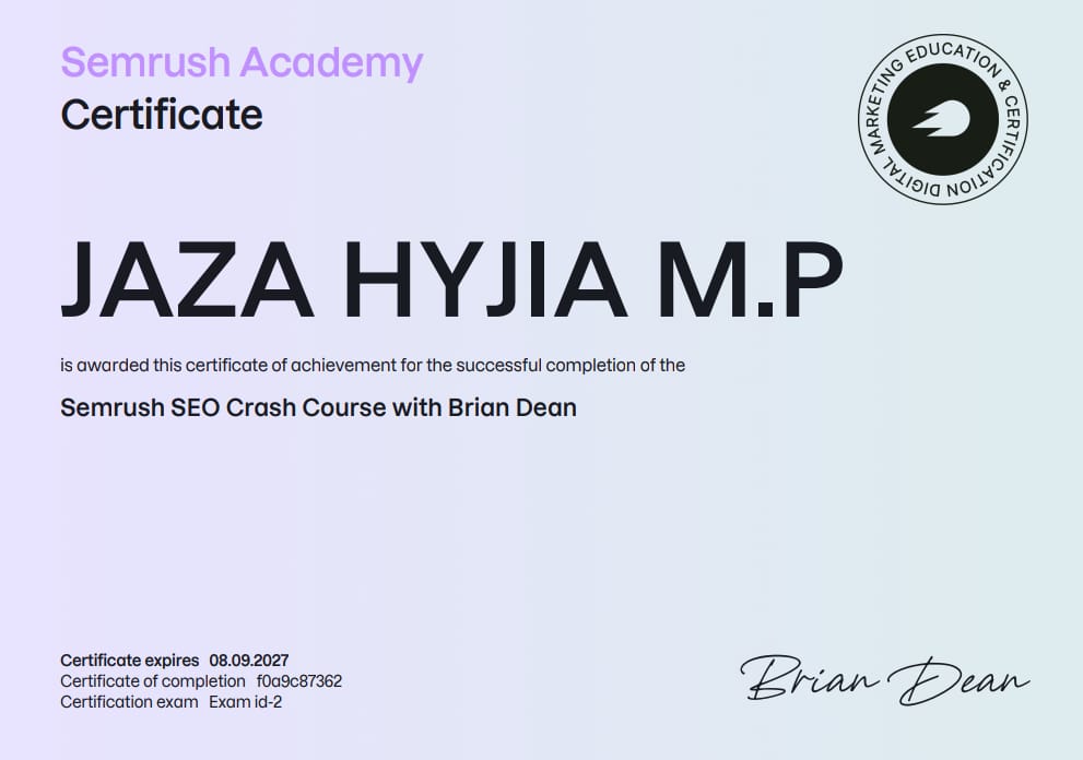 Semrush Academy SEO Crash Course with Brian Dean certificate – Jaza Hyjia M.P.