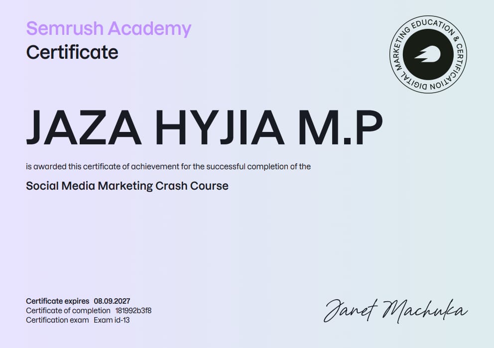 Semrush Academy Social Media Marketing Crash Course certificate – Jaza Hyjia M.P.